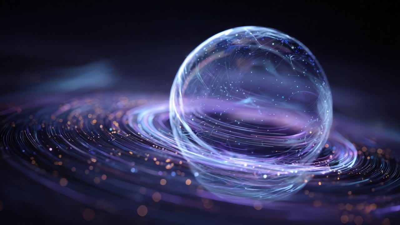 Luminous sphere containing a plexus network of particles rotating slowly, surrounded by flowing light trails and glowing bokeh dots, representing futuristic technology and global connection