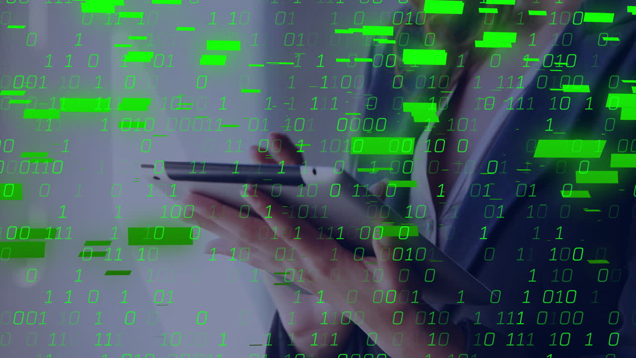 Person using tablet with binary code and data processing animation overlay