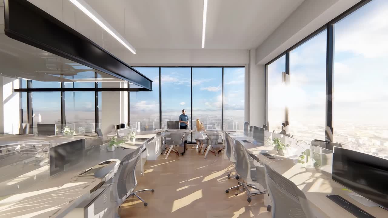 Wide-angle shot of a modern office with sleek design, ideal for a corporate video backdrop