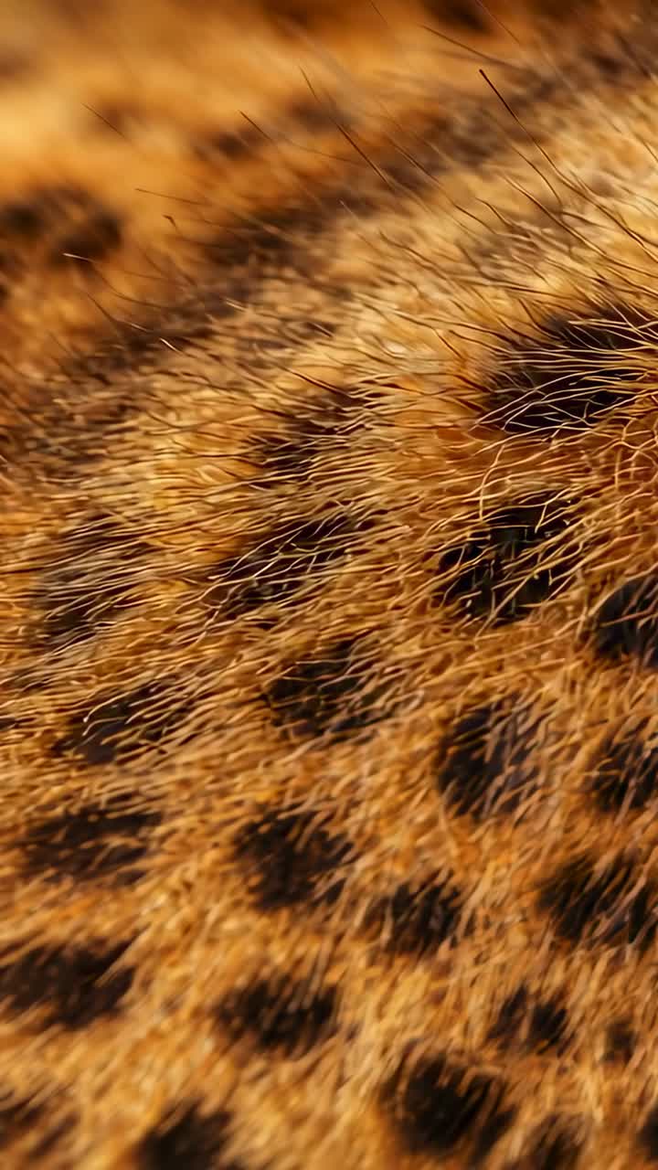 Vertical video: Shifting spotted fur showing guard hairs glinting in tight crop with frame shifting