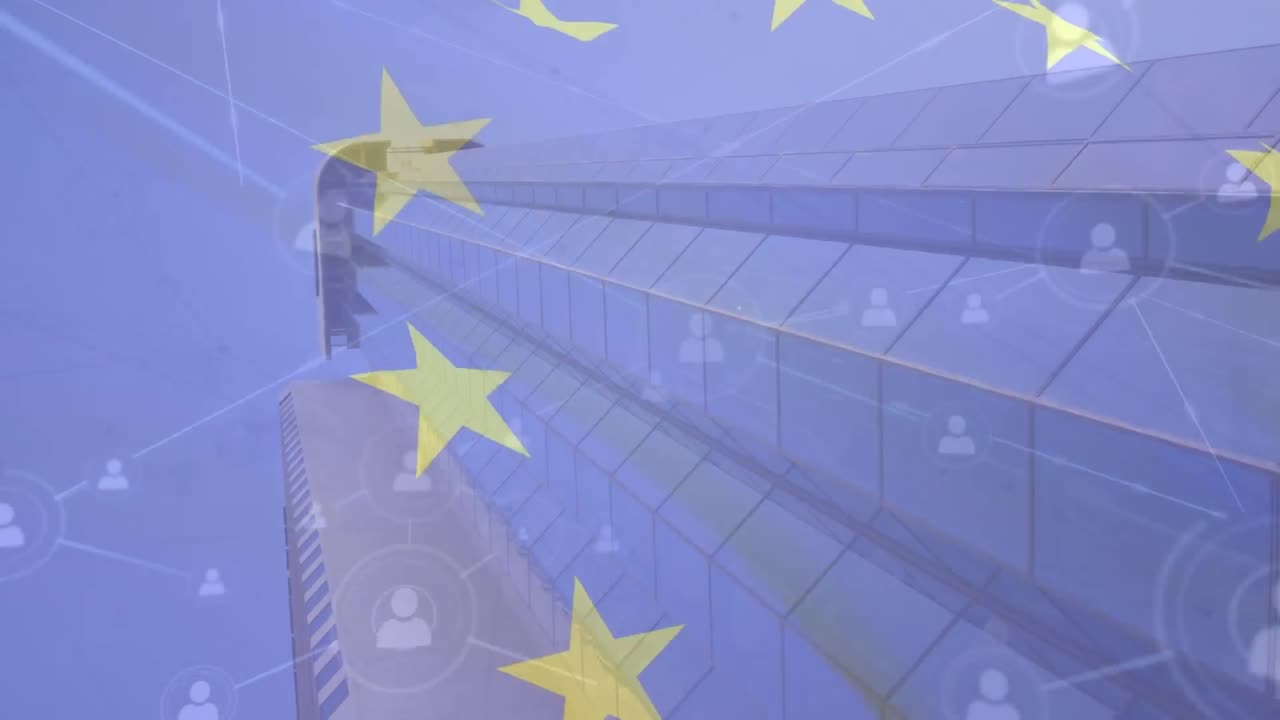 Animazione di una rete di icone profilo su bandiera dell'UE sventolante sullo sfondo di una vista dal basso di un edificio alto.