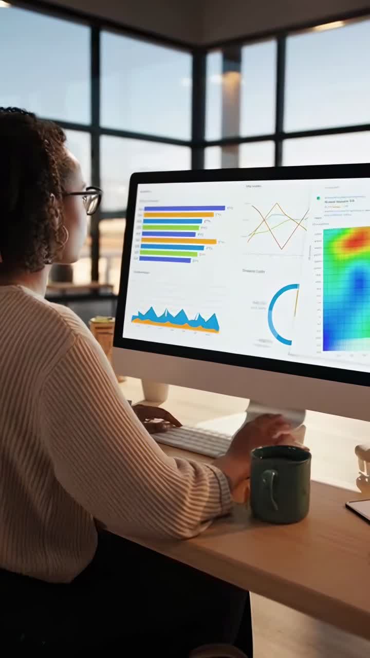 Video fra sidevinkel av en kvinne som analyserer diagrammer på en datamaskin i et moderne kontormiljø.