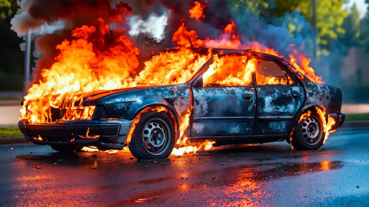 машина в огне на обочине дороги