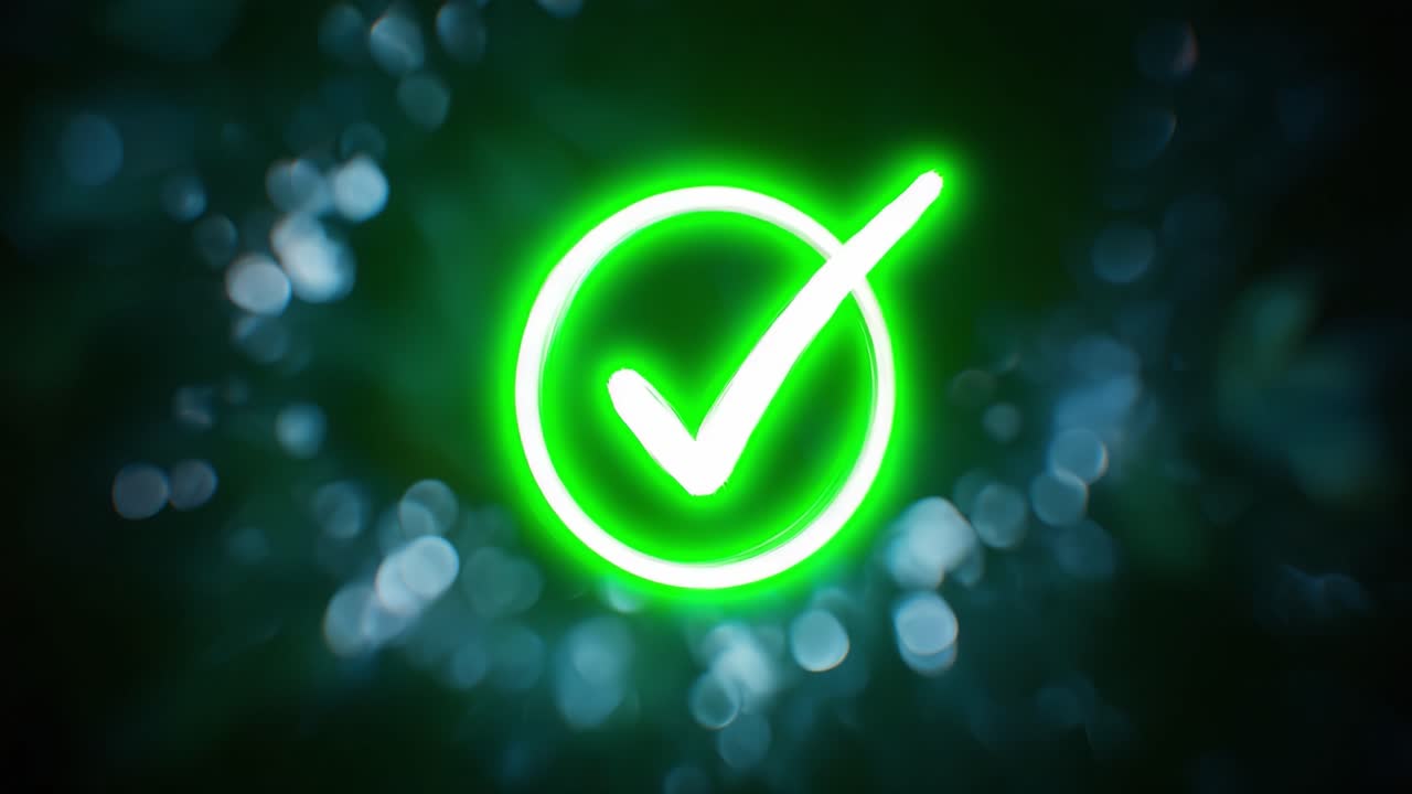 Glowing Green Checkmark Emblem Over a Soft Bokeh Background, Symbolizing Approval, Success, and Confirmation in Digital and Visual Communication Arts