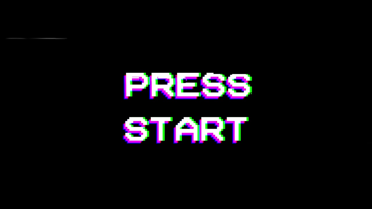 Retro Pixelated 'Press Start' Text with Glitch Effect on Black Screen