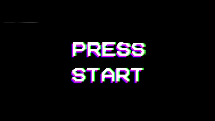 Retro Pixelated 'Press Start' Text with Glitch Effect on Black Screen