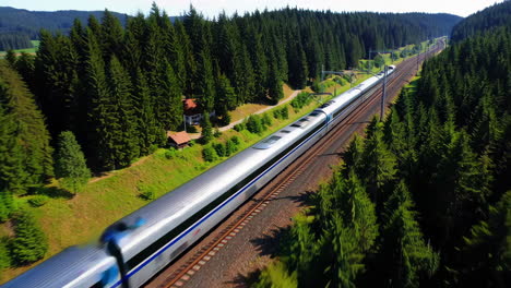 high-speed train through mountain forest