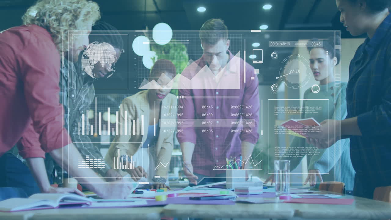 Business data analytics animation over diverse team collaborating in modern office