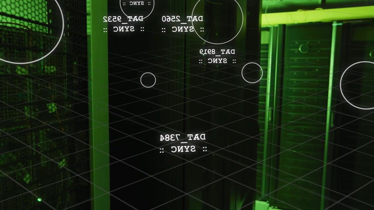 Camera panning right revealing glass panel, HUD grid showing mirrored labels and LEDs for IT status