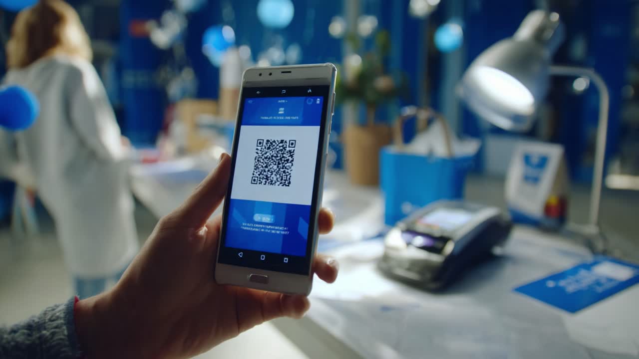 A Person Holding a Smartphone Displaying a QR Code in a Modern Retail Environment Filled with Blue Decorations and a Payment Terminal in the Background