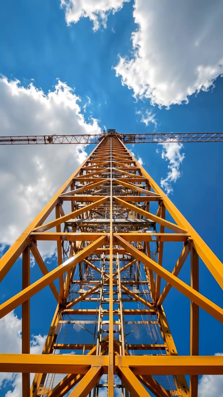 Hoher gelber Kran ragt vor leuchtend blauem Himmel mit großen weißen Wolken auf, zeigt Stahlgitter, eine zentrale Leiter, Querstreben, Kabel und einen horizontalen Ausleger in einer starken Aufsicht, hell beleuchtet.