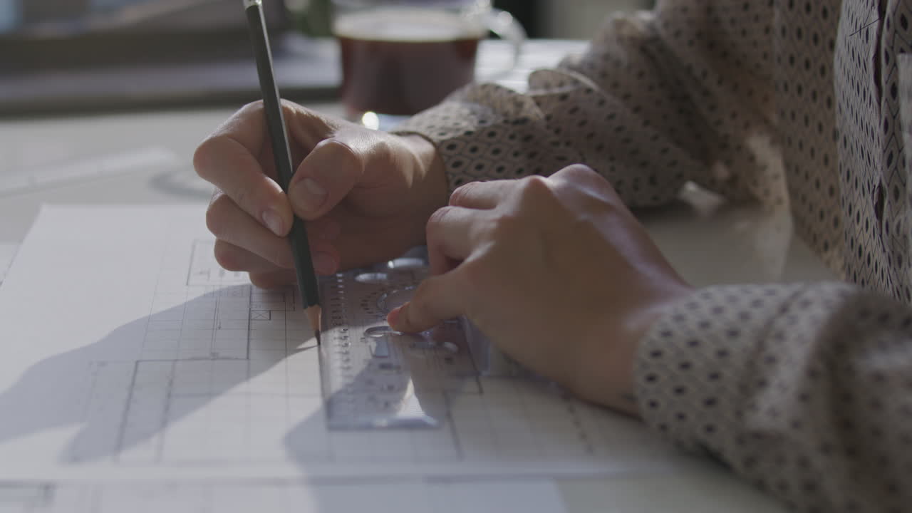 Close Up of Architect Drawing Lines on Floor Plan with Ruler and Pencil