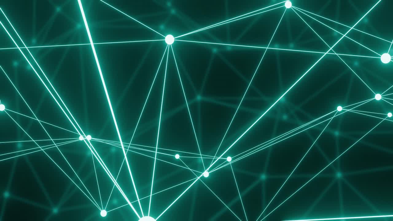 animación de una red 3d azul brillante que se mueve sobre una red distante sobre un fondo negro