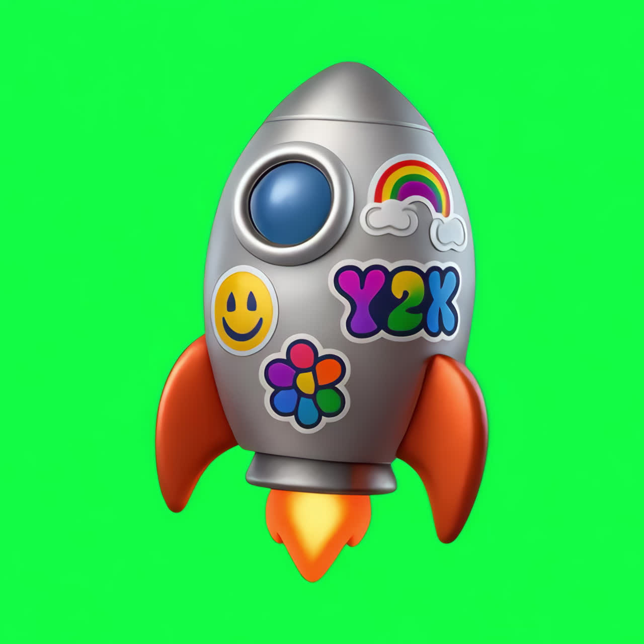 Colorful rocket with stickers animation isolated asset, transparent 4K video, alpha channel, ProRes