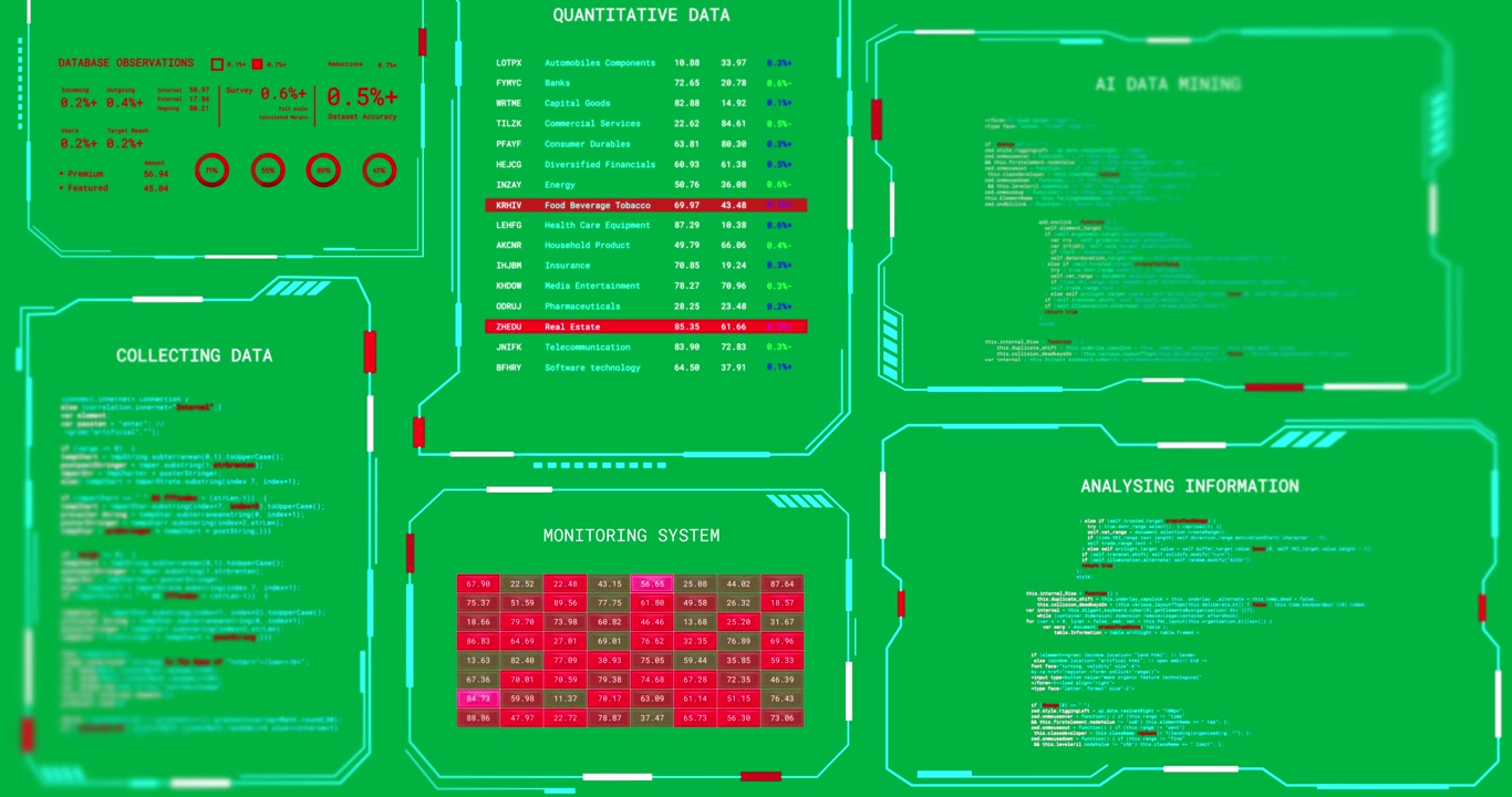 Animation of multiple interface screens collecting and analysing data on transparent background