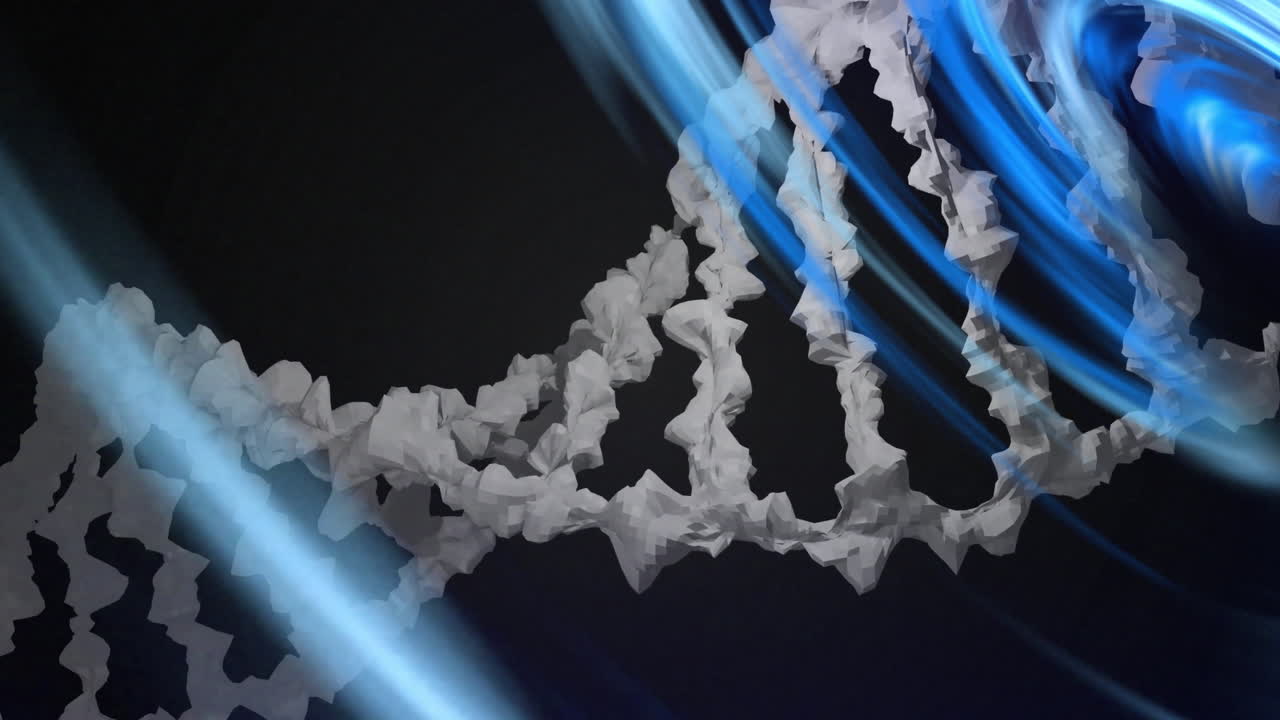 Animation of blue shapes over dna strand