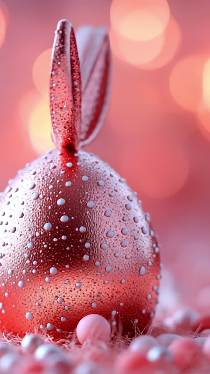 Beautiful egg with raindrops. Shiny egg ornament rests on a soft surface surrounded by colorful beads, creating a festive atmosphere.