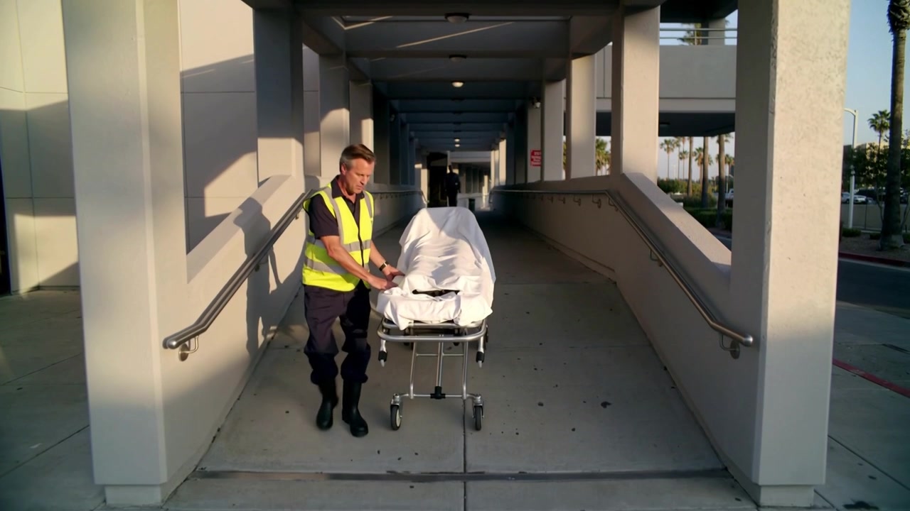 Lavoratore che emerge con giubbotto di sicurezza, spingendo una barella coperta giù per una rampa verso il punto di scarico, regolando la copertura.