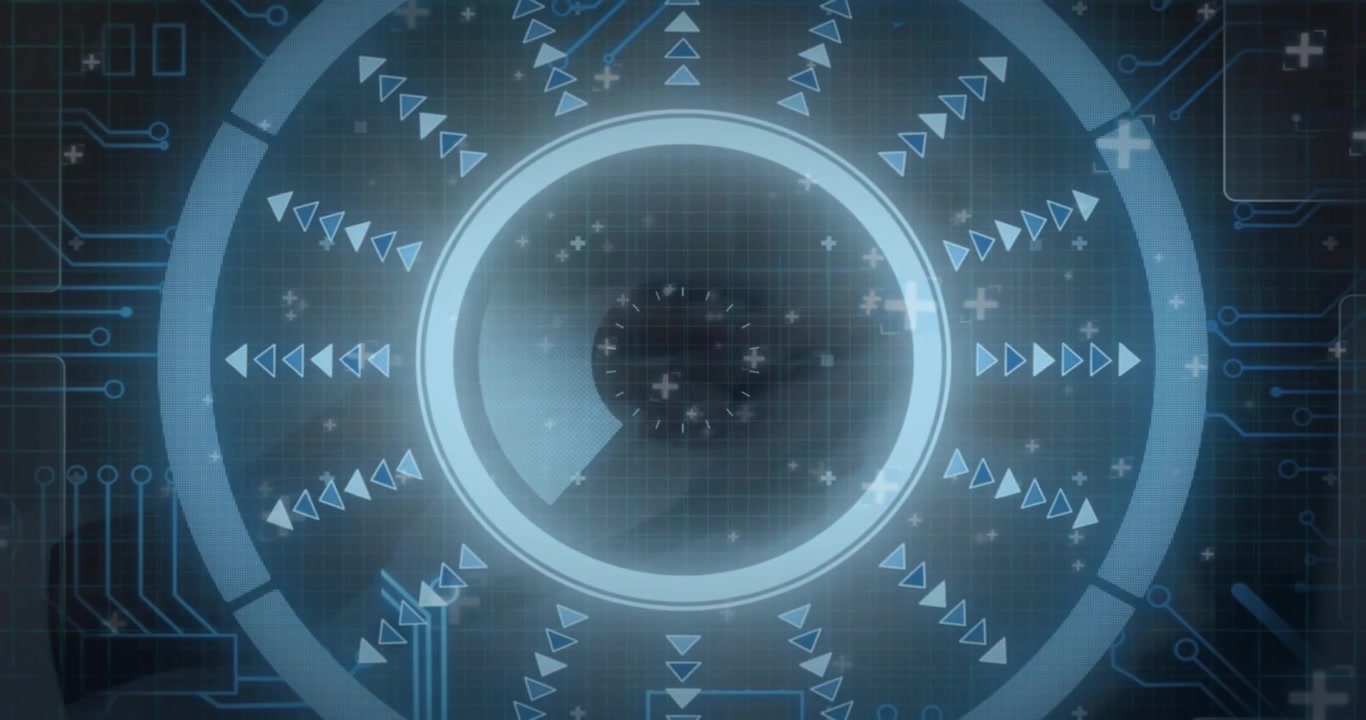 Stylus sketching triangle on tablet dissolving into pulsing HUD interface showing digital design