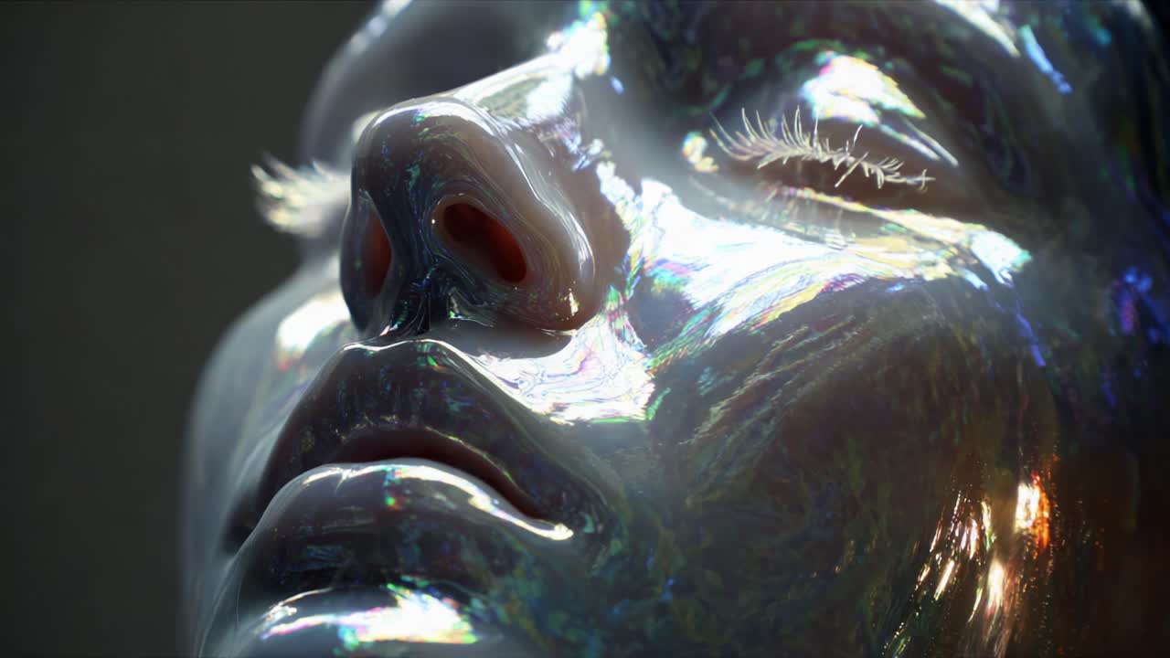 Close-Up Exploration of a Reflective Stylized Face with Glossy Finish and Delicate Features Captured in Two Distinct Frames