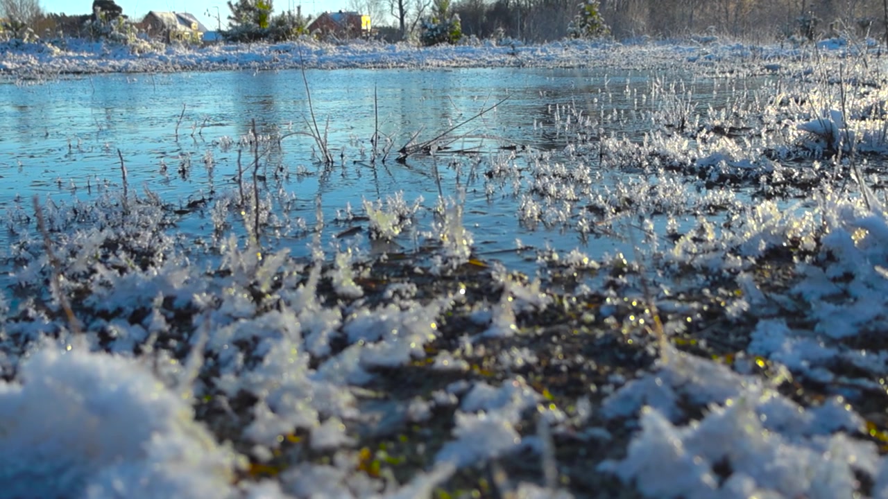 Primo piano di un lago blu riflettente ghiacciato o di un piccolo stagno durante una fredda giornata invernale, mentre il sole splende sul ghiaccio. Ghiaccio coperto di neve si estende dal lago e alberi e foresta sono visibili sullo sfondo.