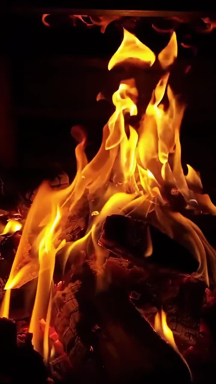Primer plano de un vídeo de llamas danzantes con un ángulo de visión bajo, que captura detalles de fuego vibrantes