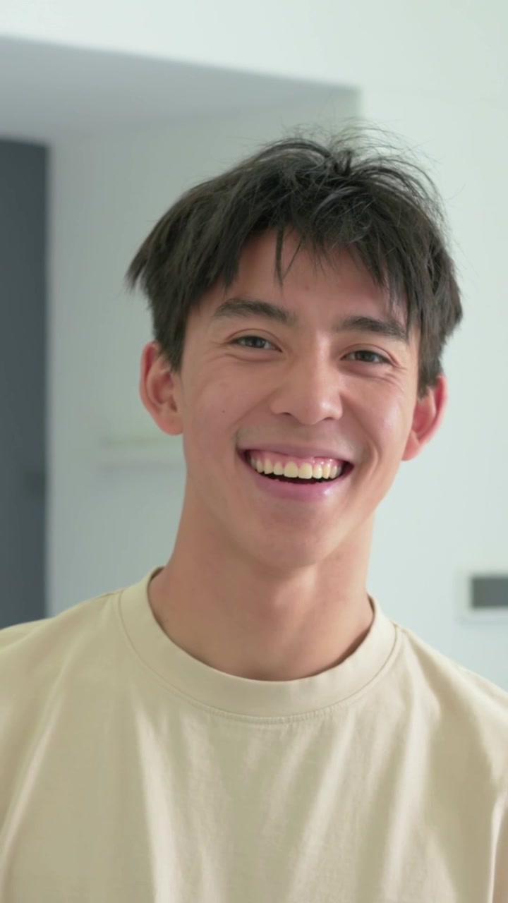 縦型動画：カメラが右にパンすると、自宅で笑いながら右に傾いている男性が、額入りのアートを見せている。
