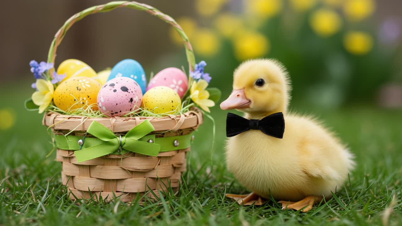 A charming yellow duckling in a bow tie poses beside a colorful basket filled with beautifully decorated Easter eggs, creating a delightful springtime scene