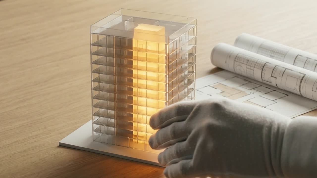 Transparent architectural building model with warm interior light beside floor plan drawings on desk