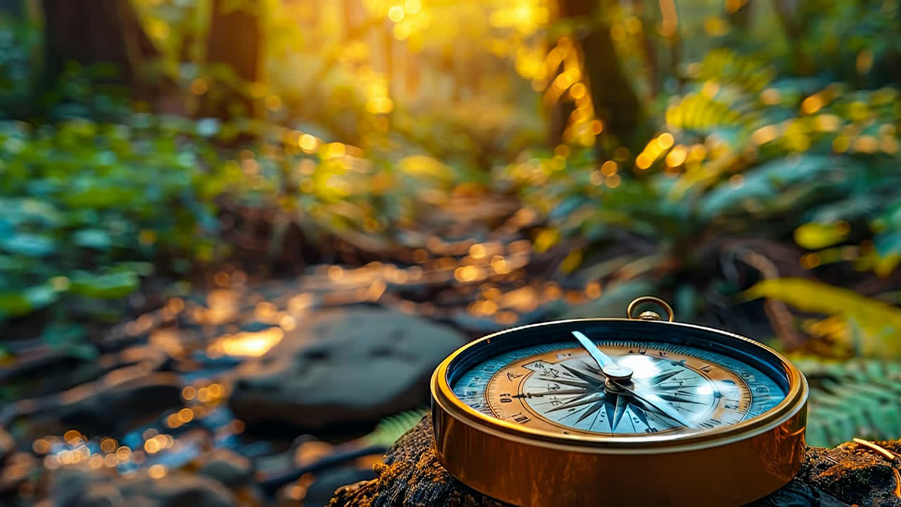 Compass resting in a forest at sunset. A compass sits on a rock in a forest as the sun sets, casting warm light on plants and trees nearby