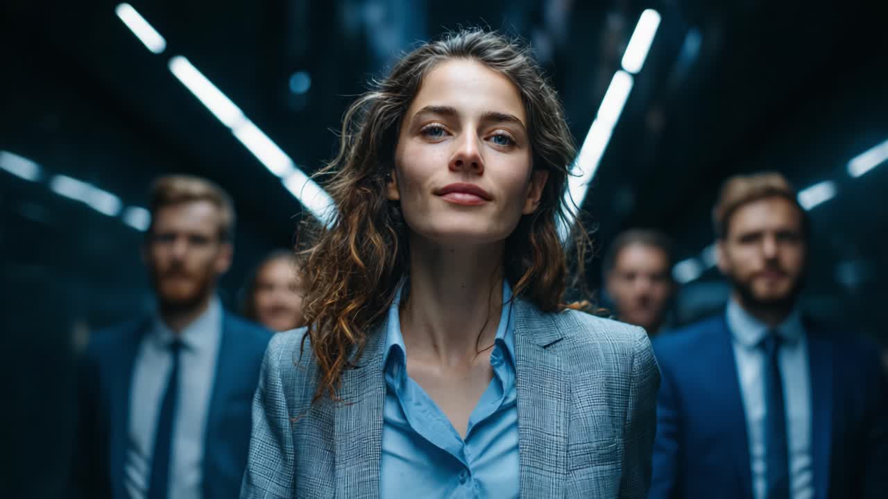 Confident Female Leader Surrounded by Supportive Colleagues in a Modern, Sleek Environment with Bold Lighting Highlighting Their Strong Professional Presence