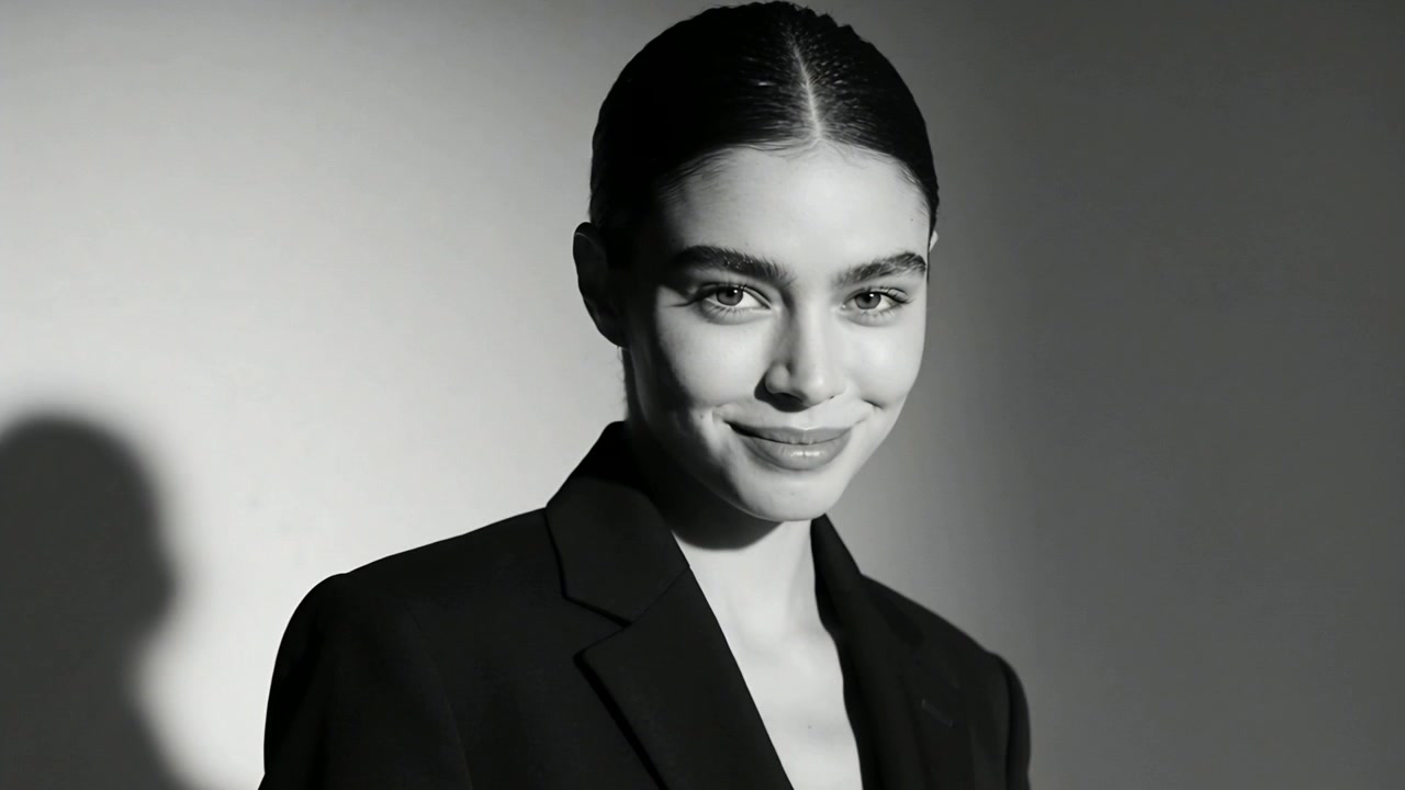Su indicazione, modella in blazer scuro che trasforma un'occhiolino in un sorriso per un ritratto, con la luce che proietta un'ombra