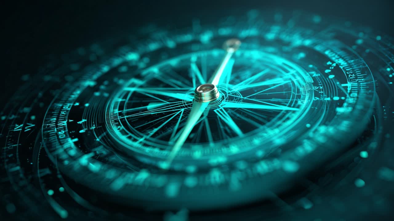 Abstract futuristic compass providing guidance and direction with a spinning needle and glowing holographic interface, symbolizing navigation in the digital world and technological advancement