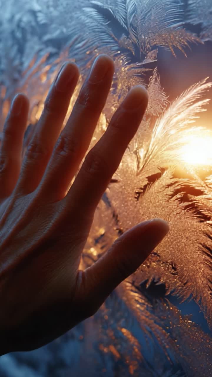 A Close-up View of a Hand Touching a Frosted Window, Illuminated by the Warm Glow of the Sunrise, Highlighting the Intricate Frost Patterns That Create a Serene and Tranquil Atmosphere