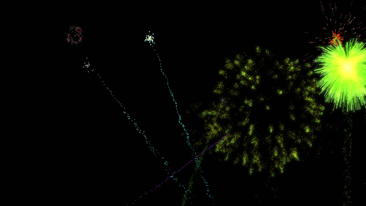 animación de coloridos fuegos artificiales de navidad y año nuevo que explotan en el cielo nocturno