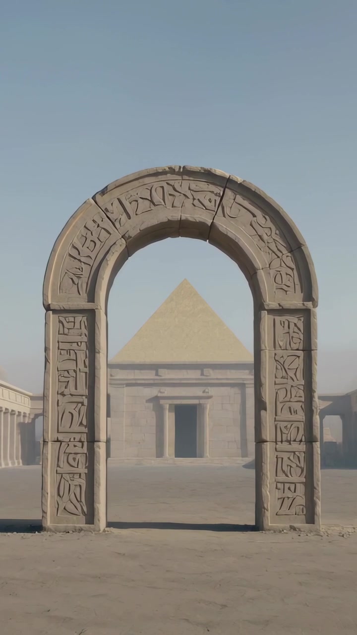 Video verticale: La telecamera zooma in avanti mostrando glifi ad arco in una piazza, rivelando dettagli e inquadrando una piramide.