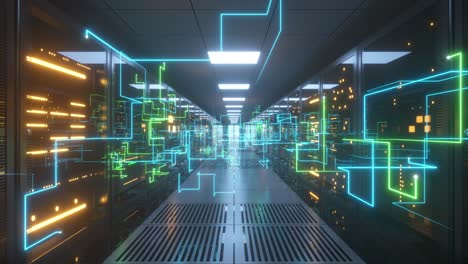 futuristic data center corridor with glowing network lines