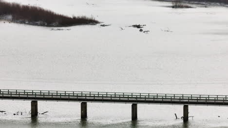 Lake-Sequoyah-During-Snowfall-In-Arkansas,-USA---Aerial-Drone-Shot