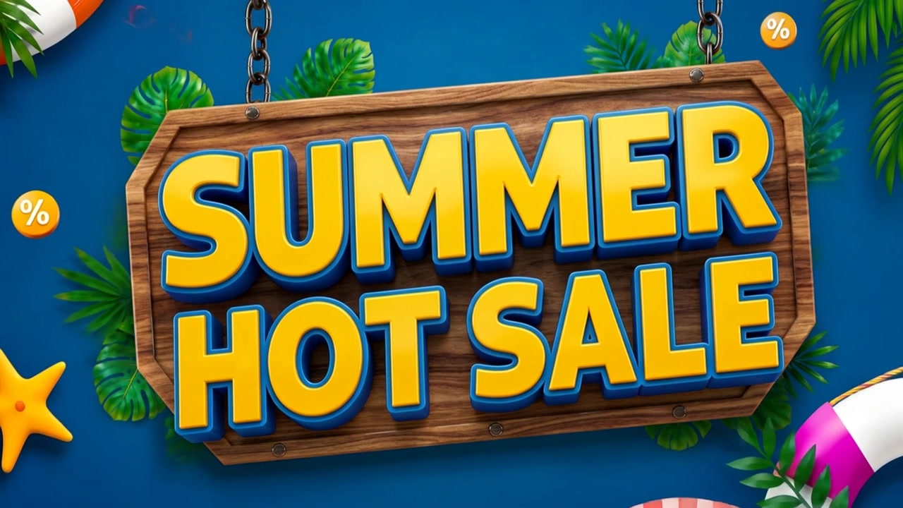 Sommerudsalg reklameskilt animation med tropiske blade, badering og solbrilleaccenter