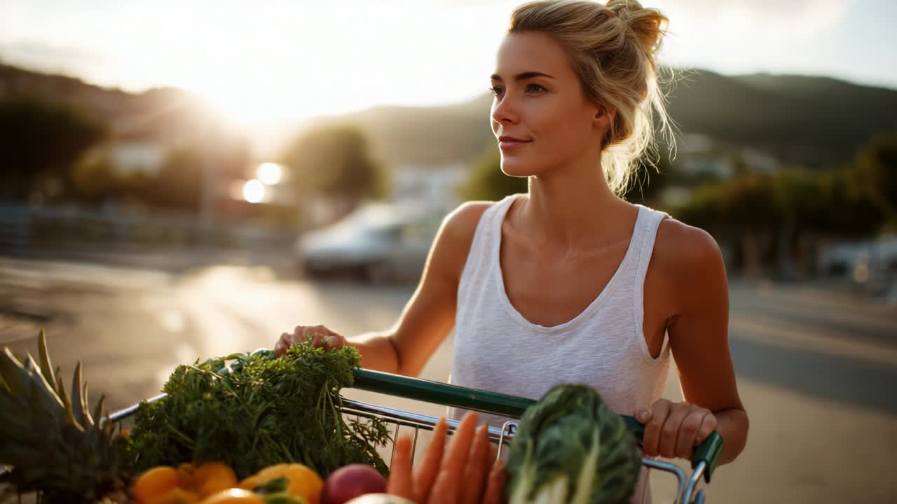 A young woman enjoying the serenity of sunset while pushing a grocery cart filled with fresh fruits and vegetables, capturing a moment of peace and connection with nature in a vibrant outdoor setting