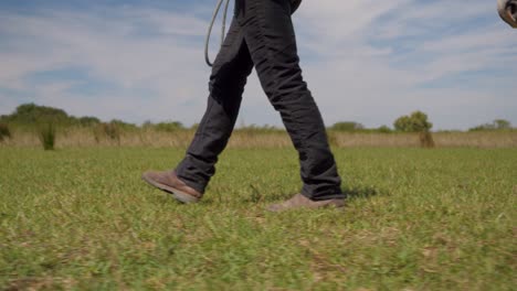 hombre caminando con su caballo blanco en los verdes campos de cultivo