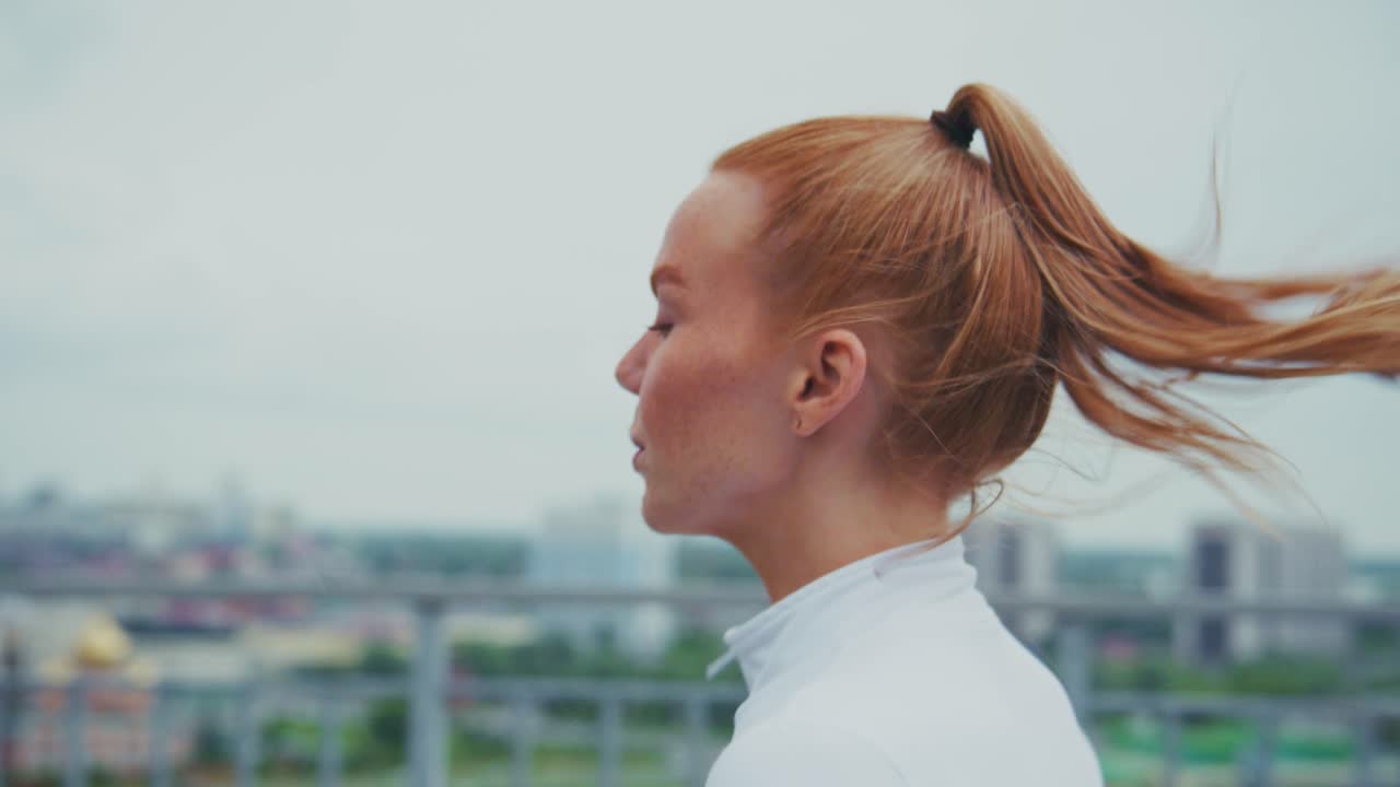 Redhead Woman Running in City