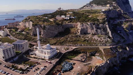 Flying-Towards-King-Fahad-bin-Abdulaziz-Al-Saud-Mosque-At-Europa-Point-In-The-British-Territory-Of-Gibraltar