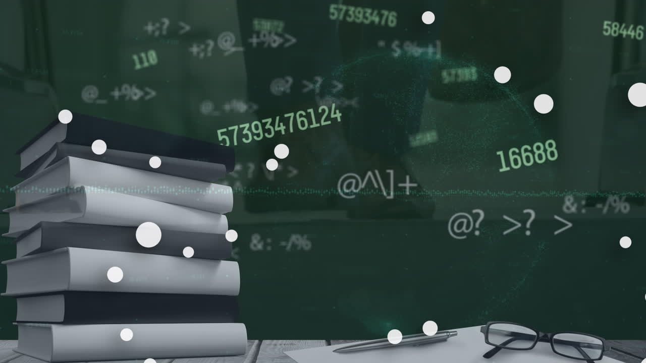 책 어리 위에 숫자와 기호를 바꾸는 애니메이션과 에스컬레이터 위에 있는 사람들의 낮은 부분