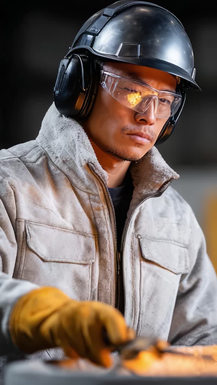Concentrated Worker in Protective Gear Engaged in Metalwork, Showcasing Skills and Safety in a Bright Workshop Environment with Focused Expression
