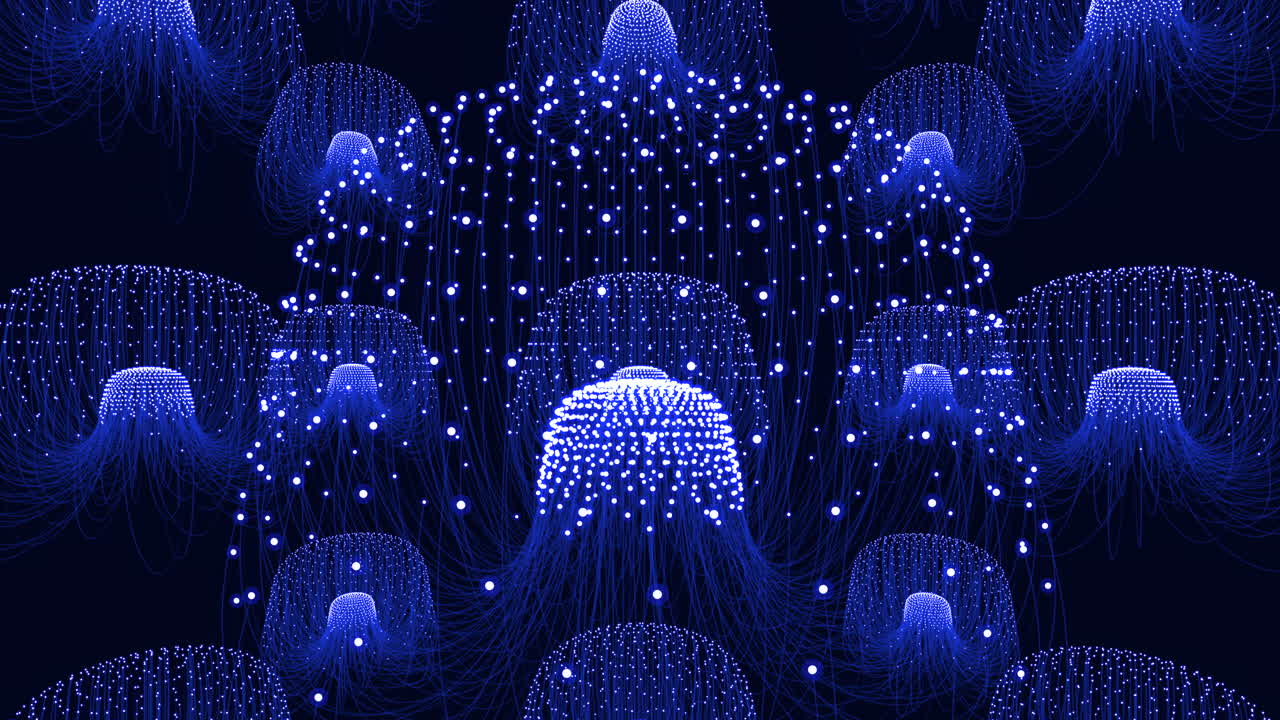 Underwater scene of a jellyfish swarm glowing with bioluminescent blue light in dark ocean water, creating a dreamy marine background for science and nature themes