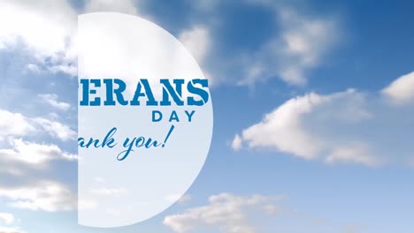 animation of veterans day text over cloudy blue sky