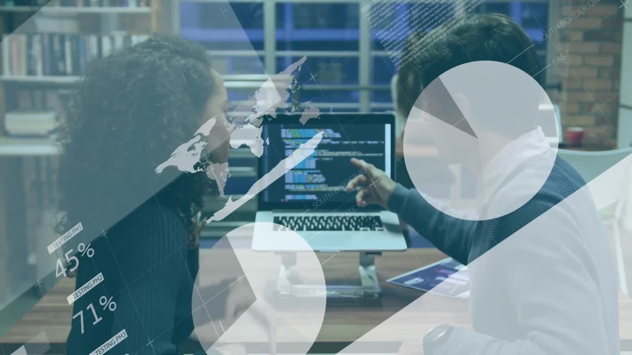 Animation of statistical data processing over diverse man and woman discussing over laptop at office