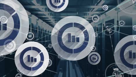 Animation of network of digital icons and multiple bar graph icons floating against server room