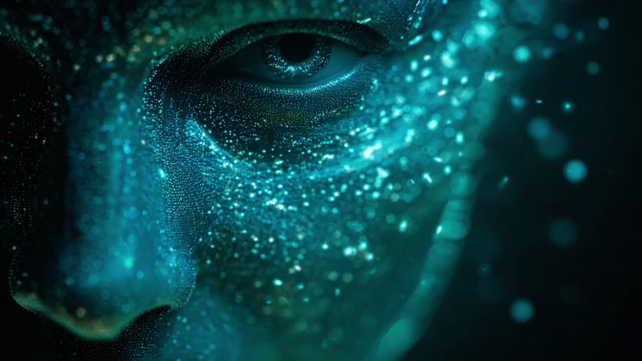 Extreme close up of a mystical female face covered in luminous turquoise glitter, with particles flowing across her skin as her eye slowly blinks, representing a spiritual or fantasy concept